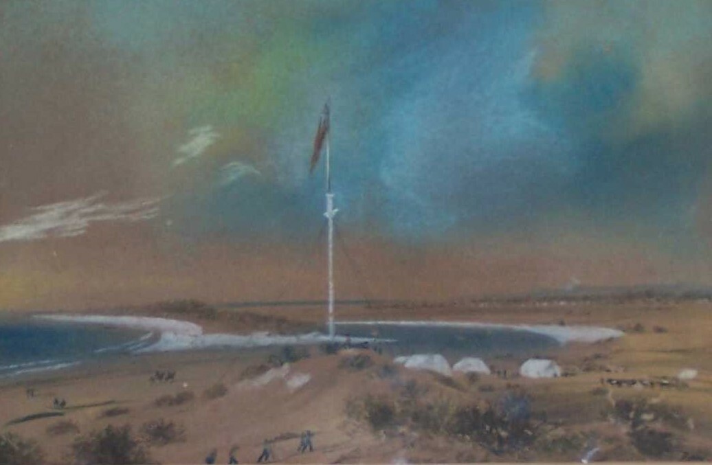 watercolour of coastal landscape with flagmast