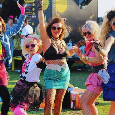 Women dancing in 1980's clothes