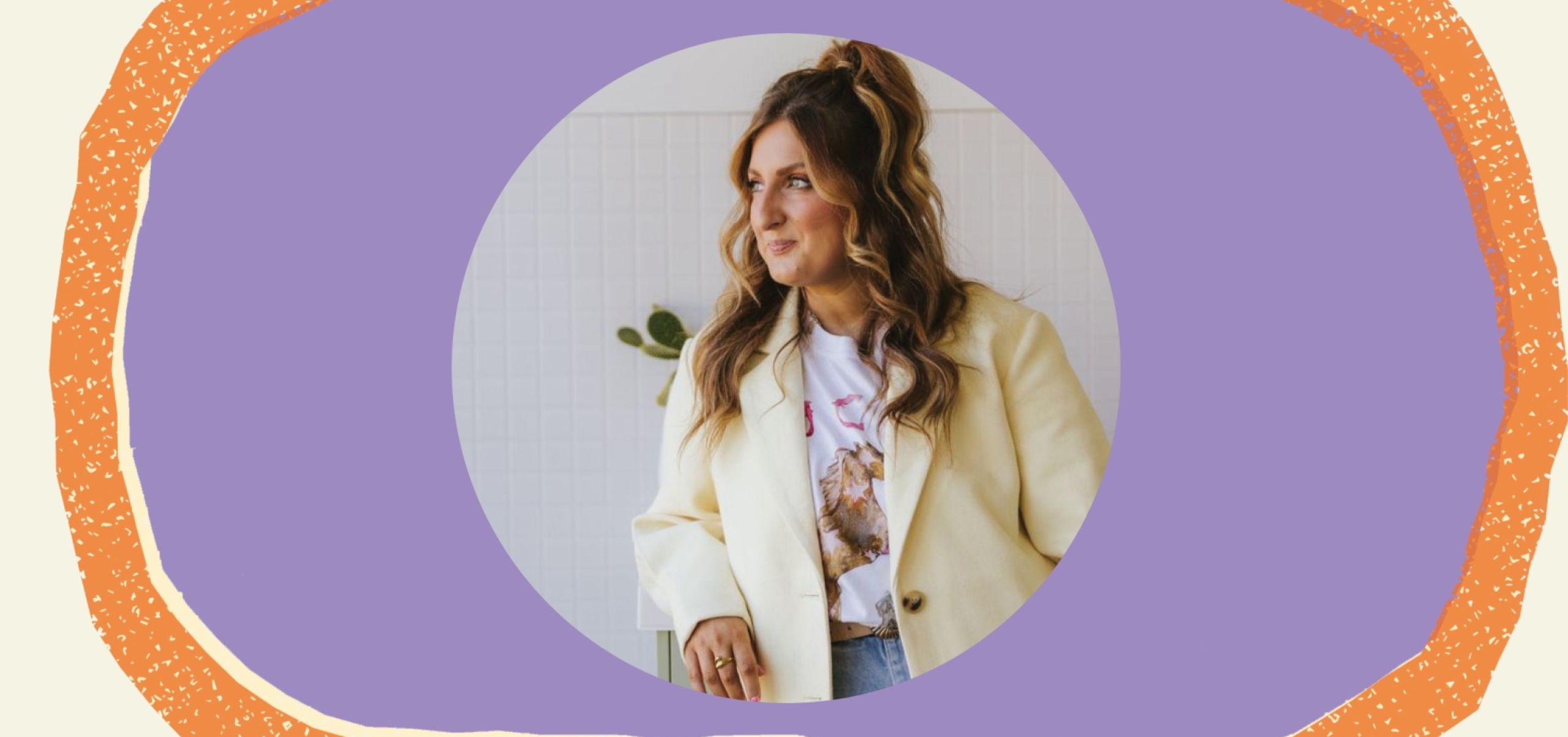 Female in blazer, framed by a purple circle