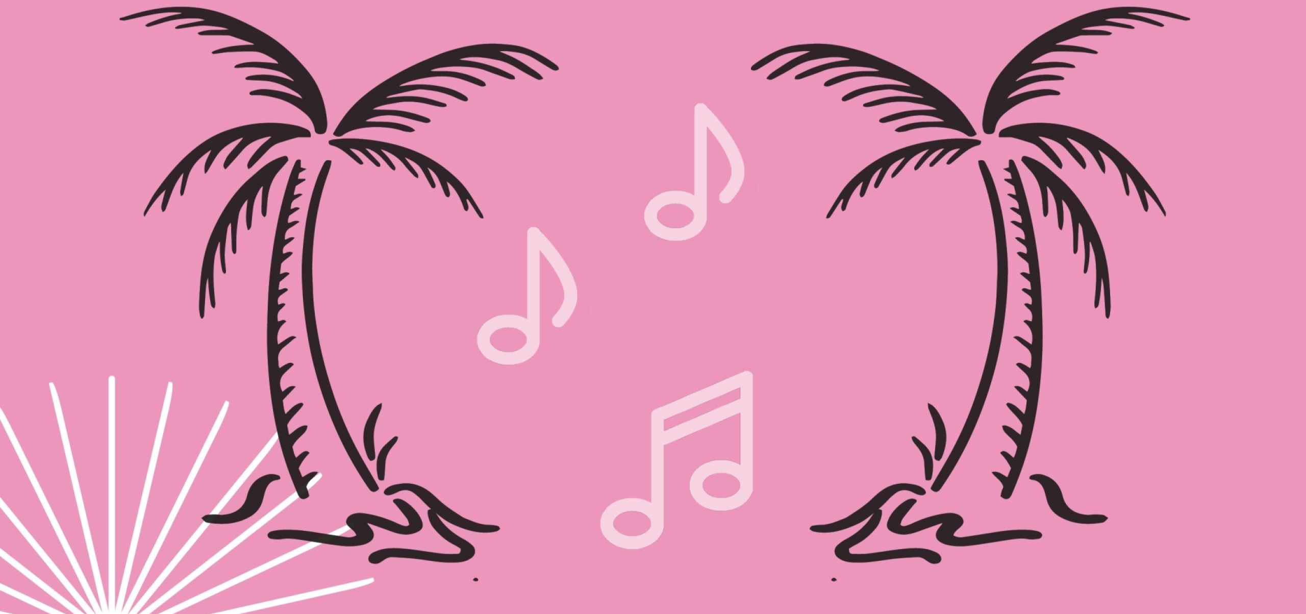 pink background with black palm tree icons and music notes