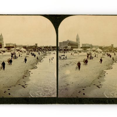 two sepia photos of Glenelg forshore