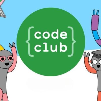 Green Code Club logo on a white and blue background with cartoon robots on either side