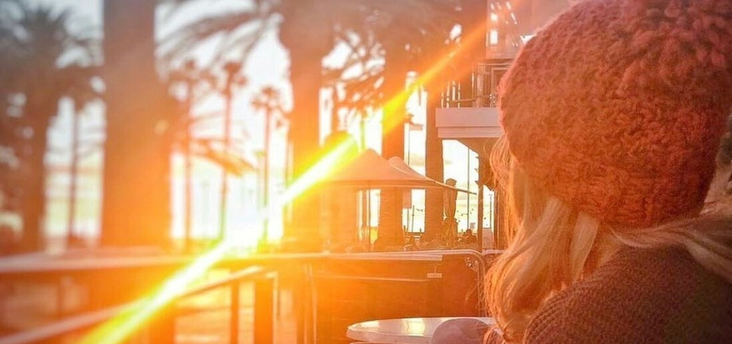 lady sitting with back to camera with a cup and saucer on table with winter sun