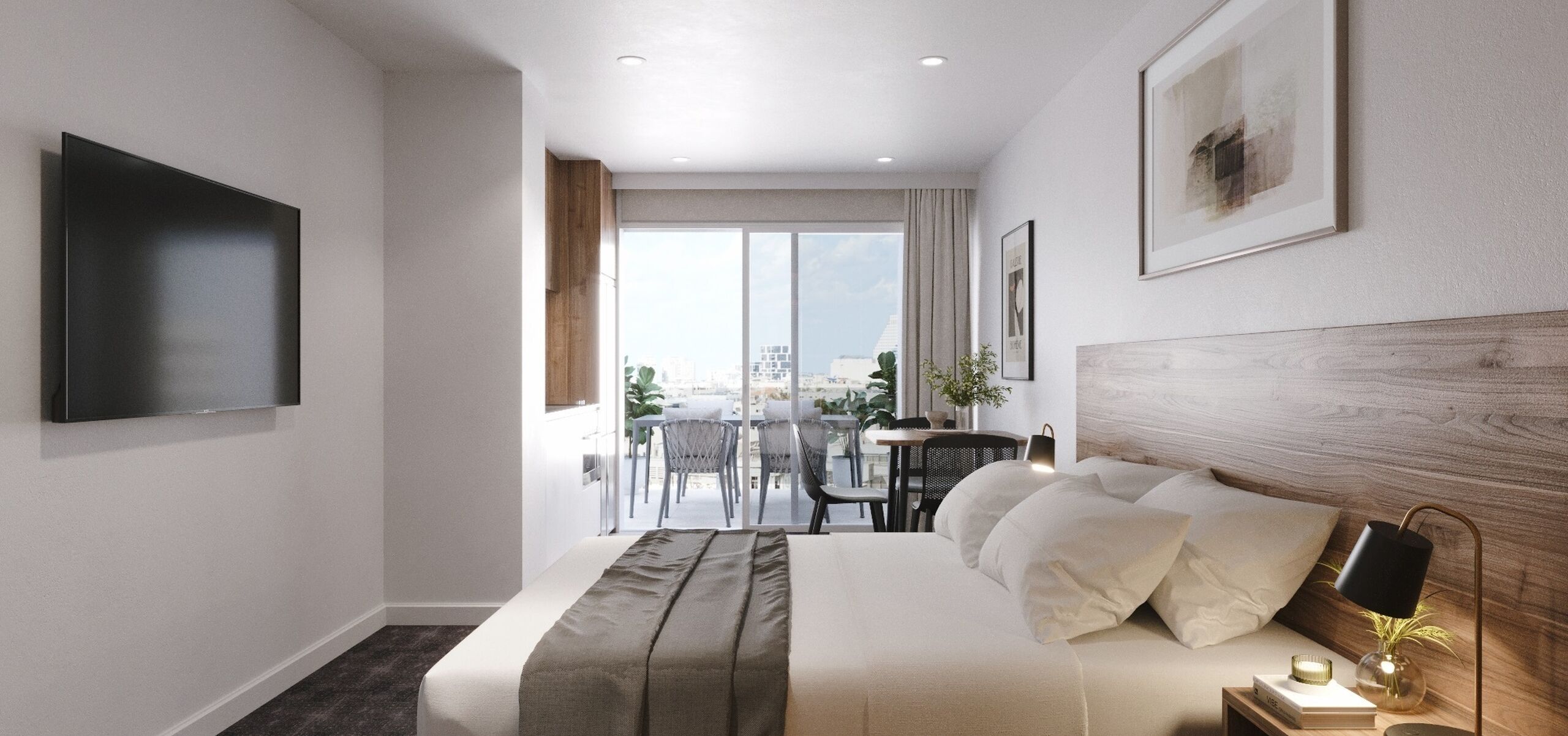 white bed with a sliding door in the background