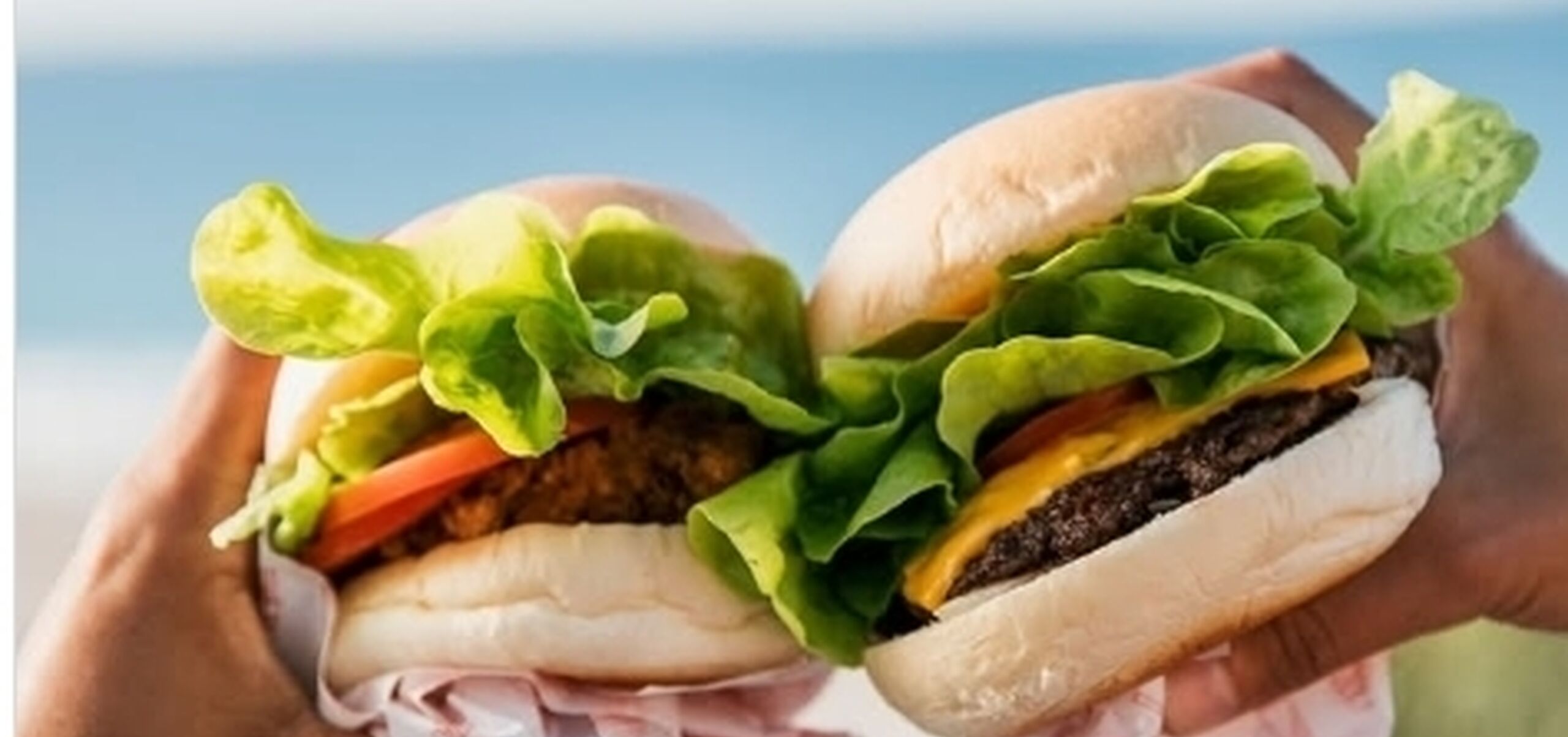 Two hands holding two burgers