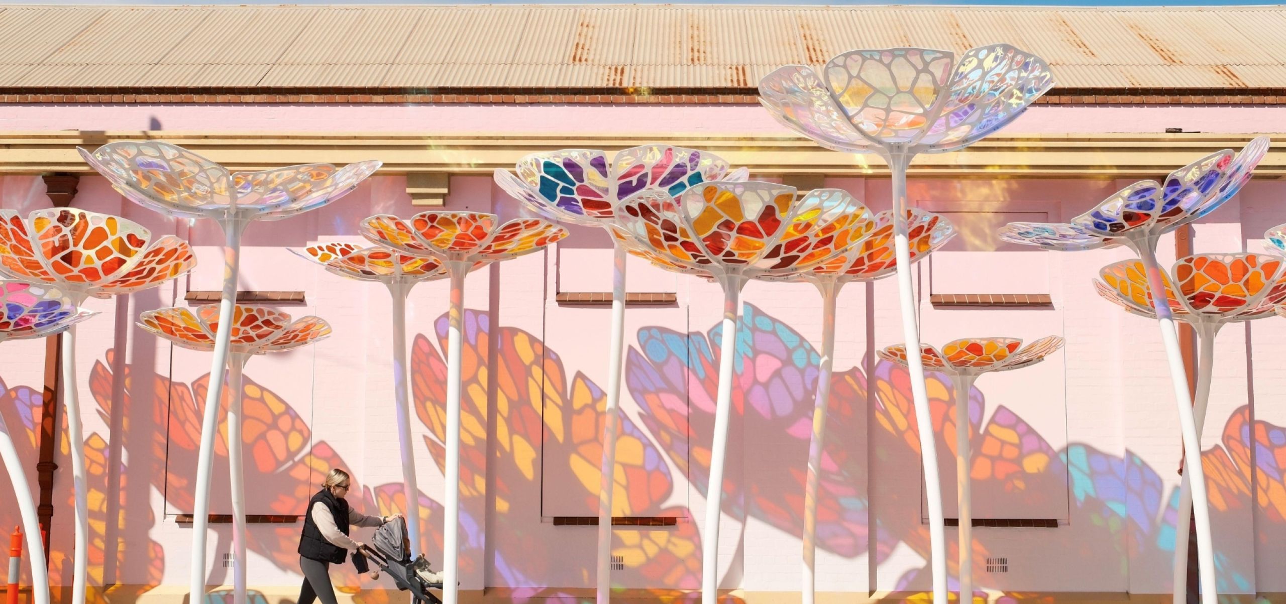 new public art wrok of stain glass flowers