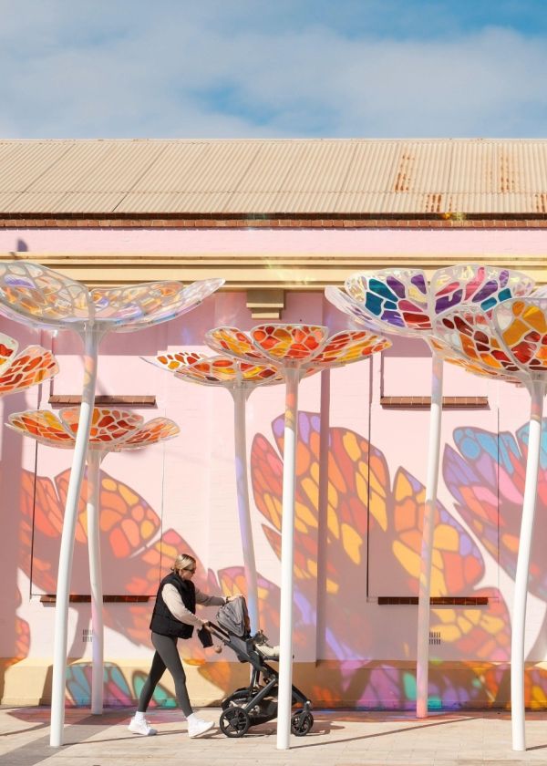 new public art wrok of stain glass flowers